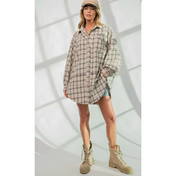 The Perfect Plaid Oversized Mineral Washed Shirt in Natural - Picture 2 of 5
